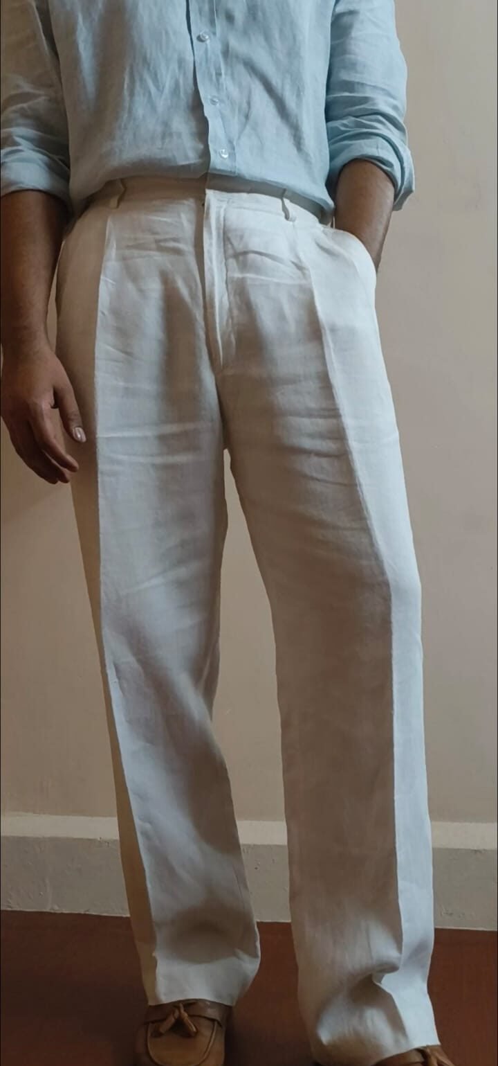 VINTAGE - CUT DOUBLE PLEATED LINEN TROUSERS - White
